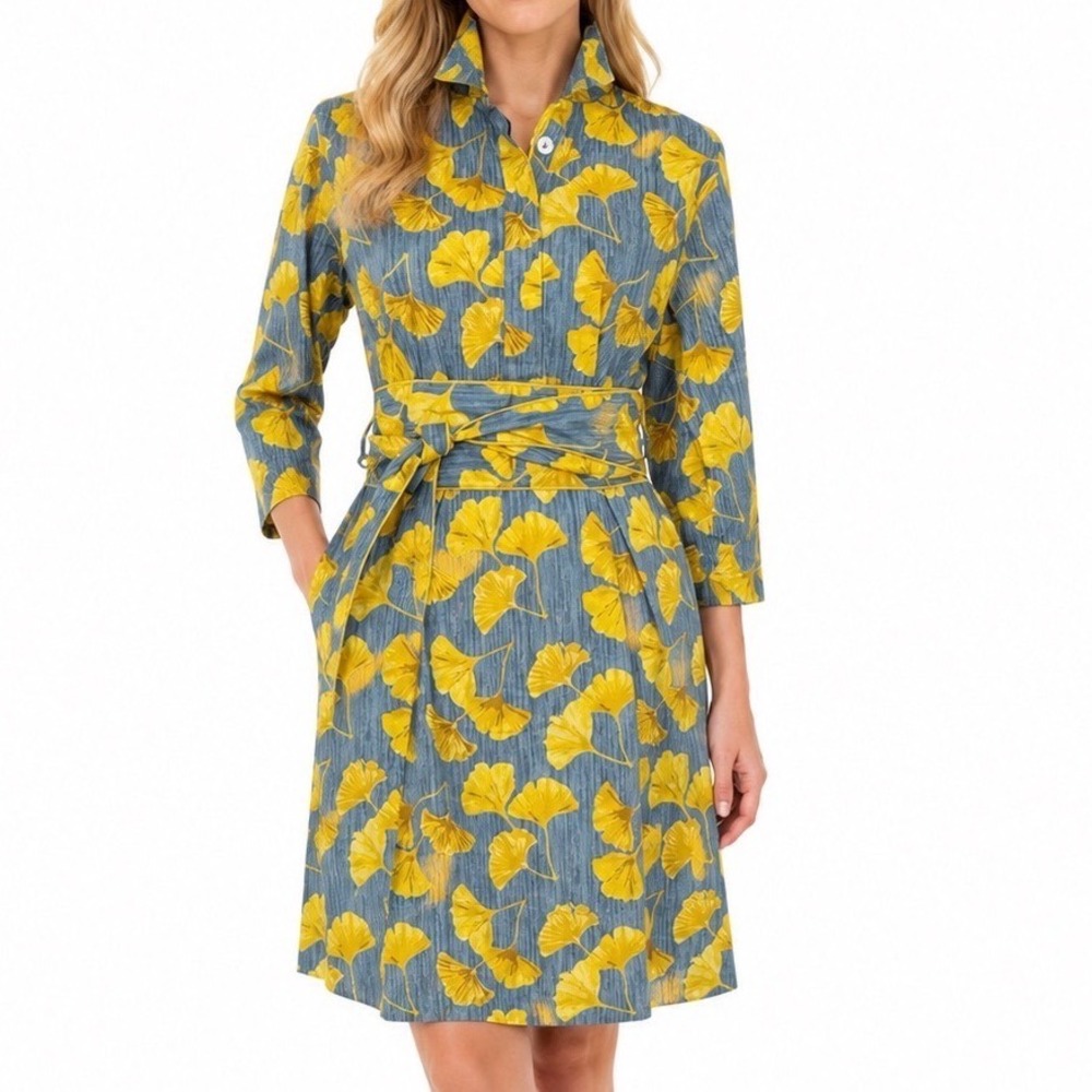 Holly Shae Arden Ginkgo Leaf Print Cotton Shirt Dress Blue Stand Collar M/L NE